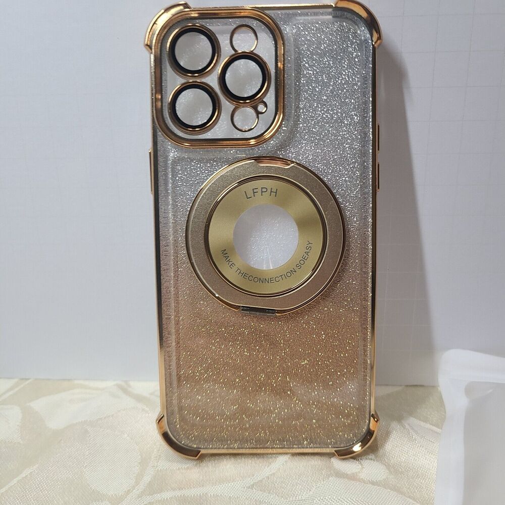 Case For iPhone 14 Pro Max Gold Silver Glitter Bling with Ring Holder